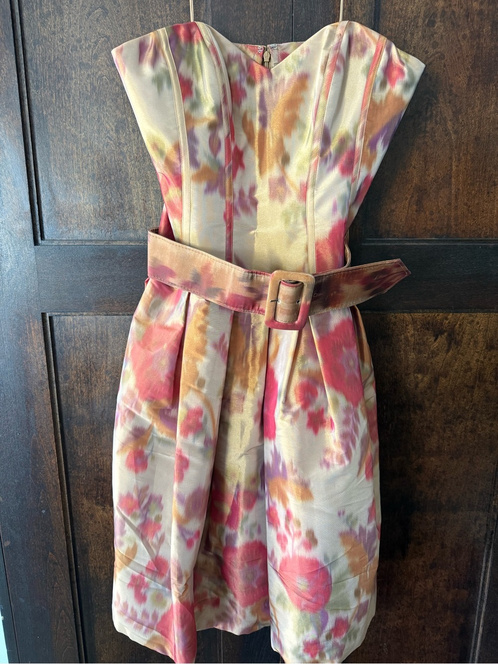 Badgley Mischka Strapless Floral Belted Dress in Cream, Pink and Gold